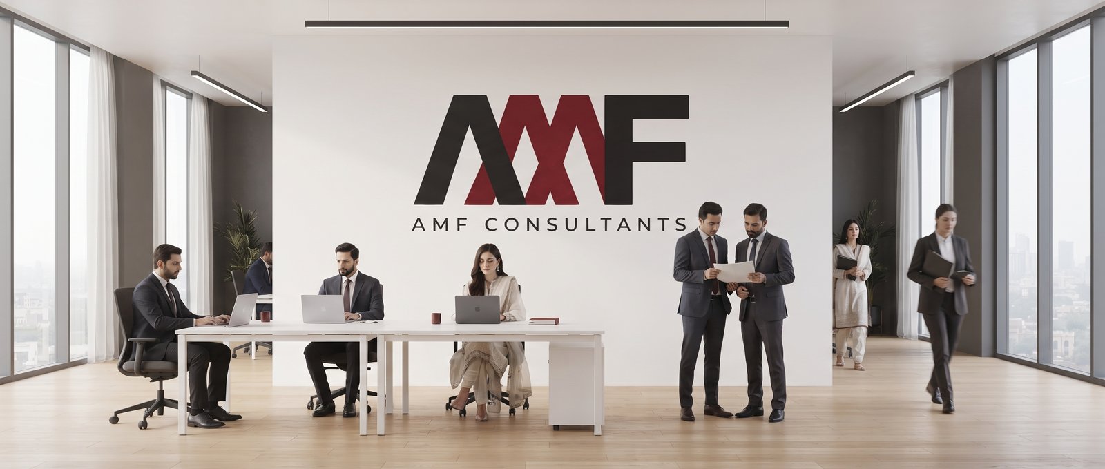 AMF Consultants office with the company monogram on the wall